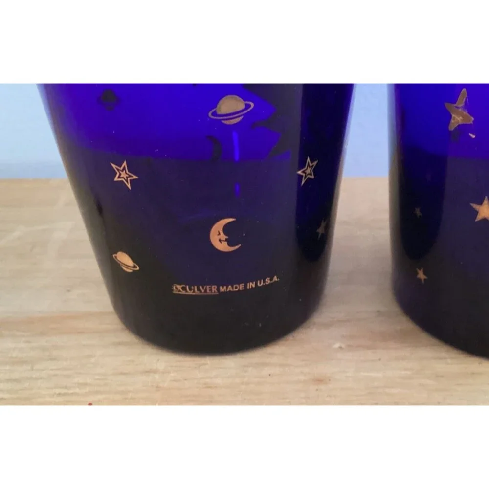 Set 3 Culver Cobalt Blue Glasses Gold Sun Moon Stars USA 12 oz Cocktail Glass
